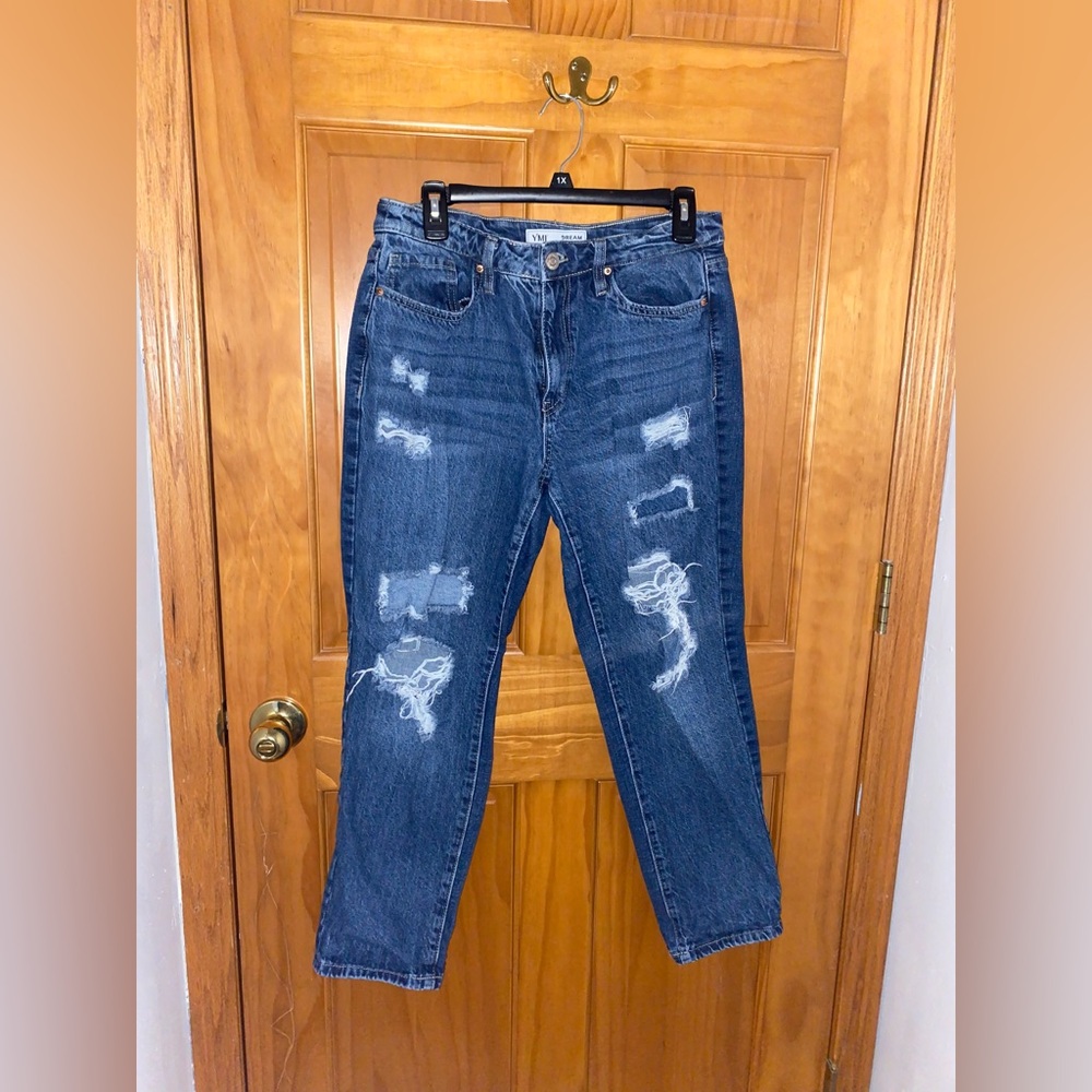 YMI Dark Wash Petite Mom Distressed Jeans, 11